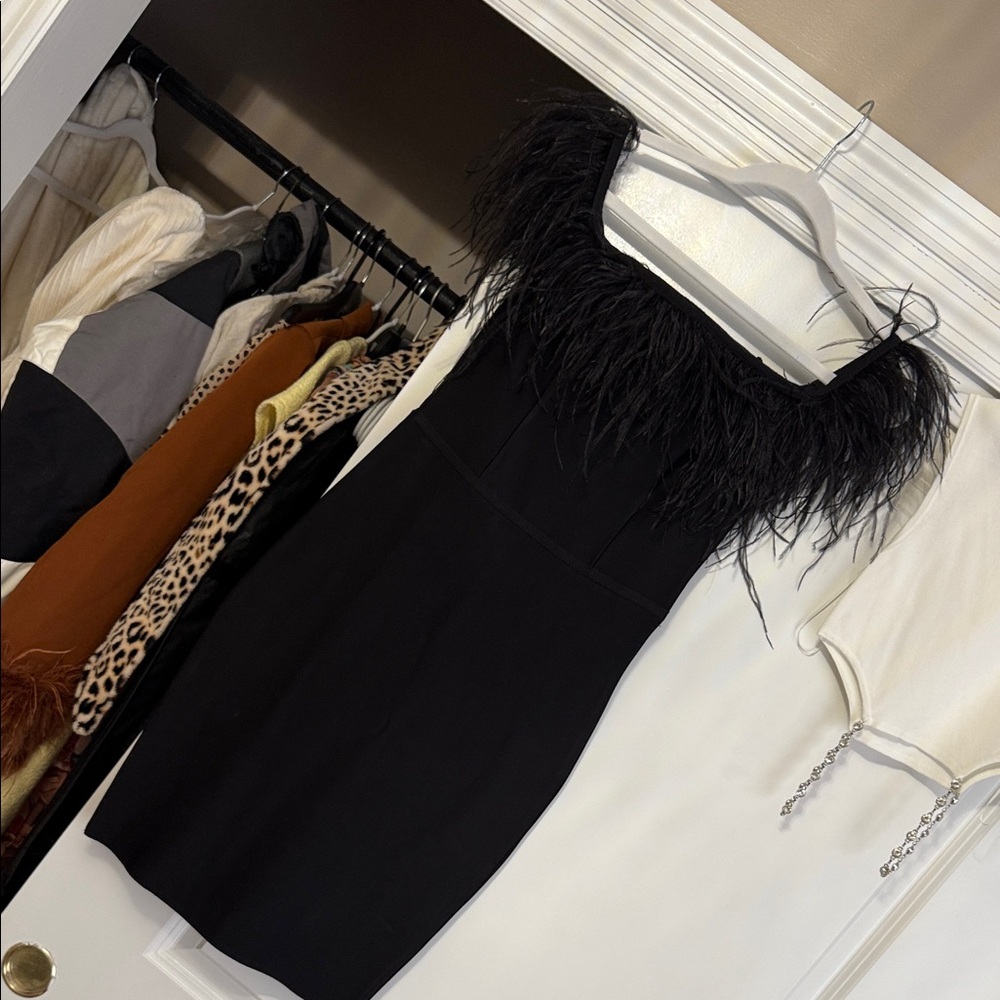 Black Feather Off-Shoulder Sheath Dress